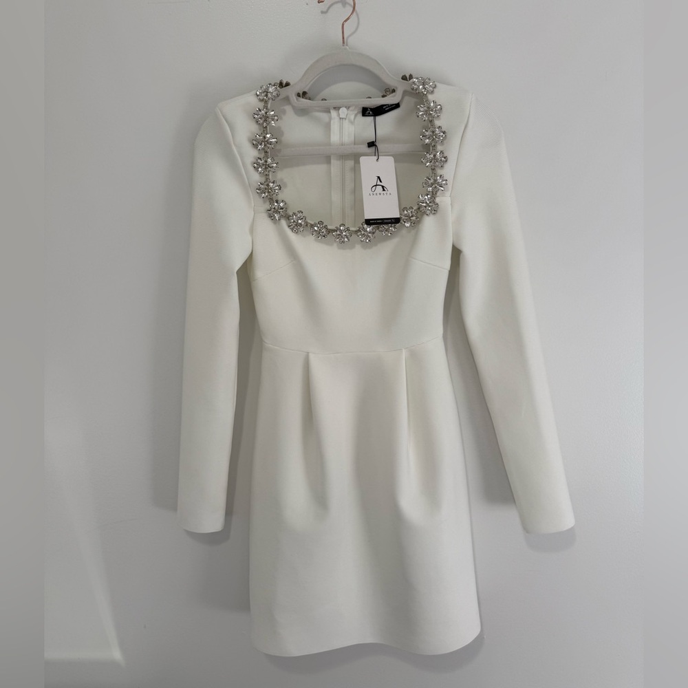 Chic White Long Sleeve Dress with Floral Embellishments